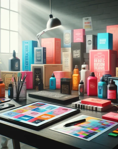 DALL·E 2024-12-04 13.48.20 - A modern and dynamic branding studio environment featuring vibrant packaging designs and brand identity elements. The scene shows colorful boxes, bott