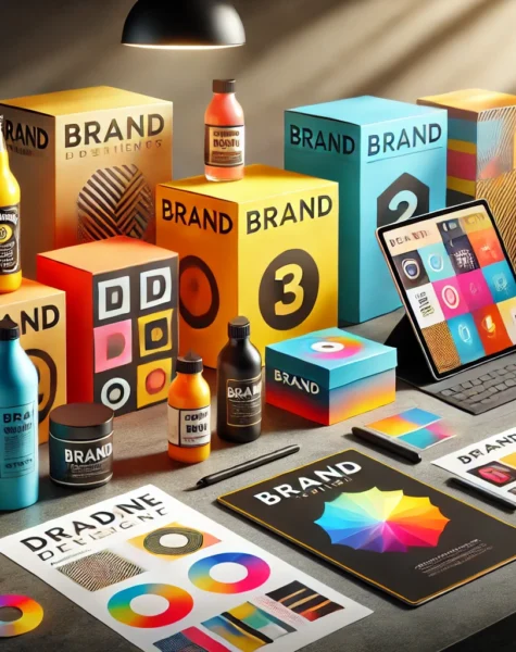 DALL·E 2024-12-04 13.48.21 - A modern and dynamic branding studio environment featuring vibrant packaging designs and brand identity elements. The scene shows colorful boxes, bott