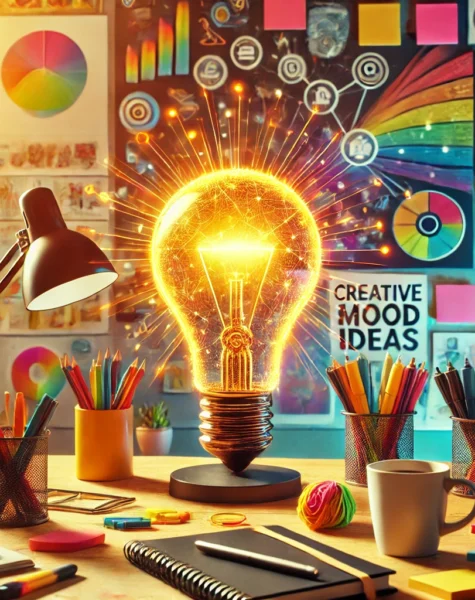DALL·E 2024-12-04 13.50.24 - A colorful and energetic workspace designed for generating creative ideas. The scene features a desk with a glowing light bulb sculpture as a centerpi