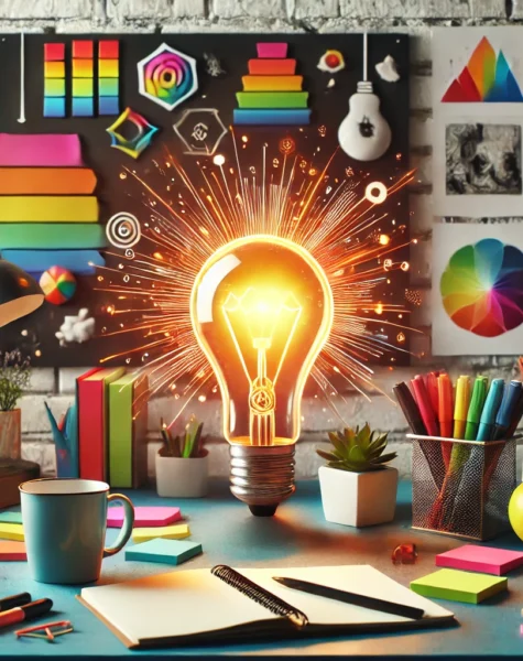 DALL·E 2024-12-04 13.50.25 - A colorful and energetic workspace designed for generating creative ideas. The scene features a desk with a glowing light bulb sculpture as a centerpi