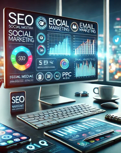 DALL·E 2024-12-04 13.53.01 - A modern digital marketing workspace featuring a computer screen displaying analytics and campaign dashboards. The scene includes tools like a smartph