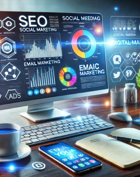 DALL·E 2024-12-04 13.53.03 - A modern digital marketing workspace featuring a computer screen displaying analytics and campaign dashboards. The scene includes tools like a smartph