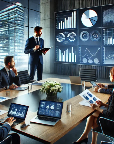 DALL·E 2024-12-04 13.56.59 - A modern business consulting environment featuring a roundtable discussion with professionals reviewing reports and data on tablets and laptops. The s