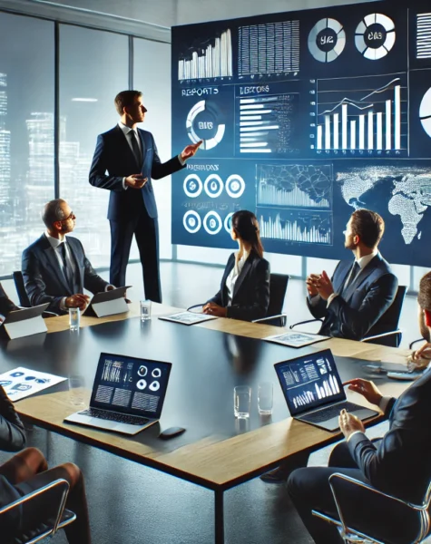 DALL·E 2024-12-04 13.57.01 - A modern business consulting environment featuring a roundtable discussion with professionals reviewing reports and data on tablets and laptops. The s