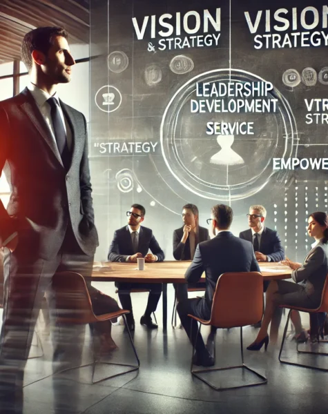 DALL·E 2024-12-04 14.01.13 - A dynamic and inspiring scene representing a leadership development service. The image shows a confident professional standing at the head of a table,