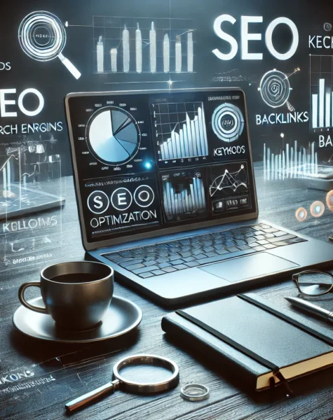 DALL·E 2024-12-04 14.07.07 - A modern digital workspace representing SEO optimization tools and services. The scene includes a laptop displaying an SEO analytics dashboard with gr