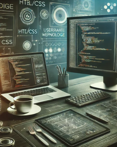 DALL·E 2024-12-04 14.12.08 - A sleek and professional web development workspace featuring a dual-monitor setup with one screen displaying HTML_CSS code and the other showing a mod