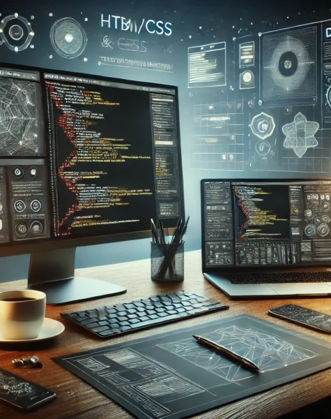 DALL·E 2024-12-04 14.12.09 - A sleek and professional web development workspace featuring a dual-monitor setup with one screen displaying HTML_CSS code and the other showing a mod