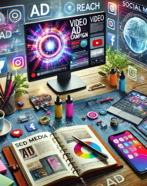 DALL·E 2024-12-04 14.26.24 - A vibrant and modern setup for media promotion services, featuring a digital screen showcasing a video ad campaign and a smartphone with social media