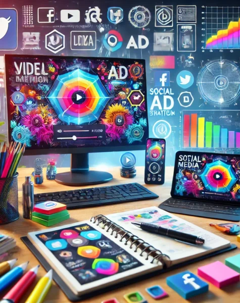 DALL·E 2024-12-04 14.26.25 - A vibrant and modern setup for media promotion services, featuring a digital screen showcasing a video ad campaign and a smartphone with social media