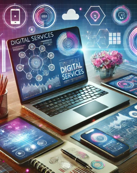 DALL·E 2024-12-04 14.39.03 - A modern and vibrant workspace representing digital services. The scene includes a laptop displaying a dashboard with various digital tools such as an