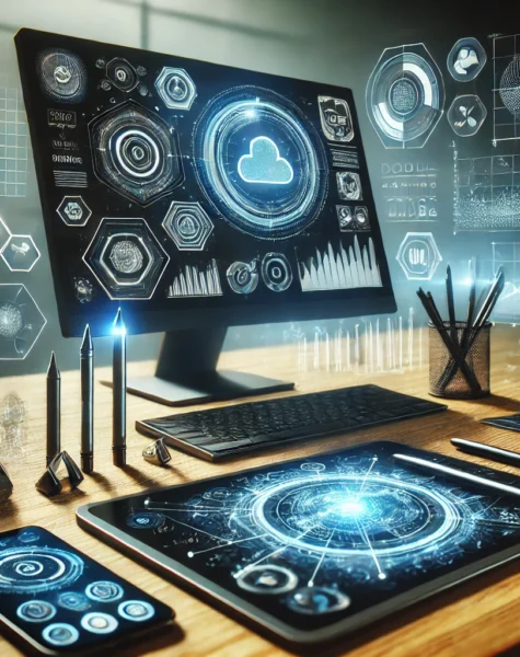 DALL·E 2024-12-04 14.39.04 - A futuristic and professional representation of digital services. The scene showcases a multi-screen setup displaying analytics, cloud storage solutio